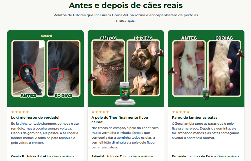 Antes e depois de cães reais que usaram GomaPet